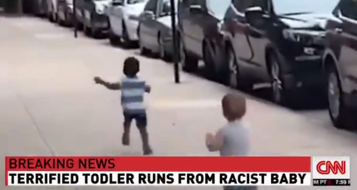 This image from video posted on Donald Trump’s Twitter account shows a faked CNN chyron along the bottom of the frame.