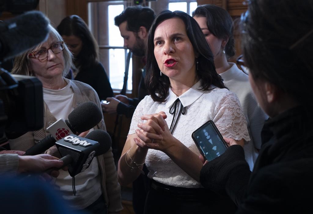 Montreal mayor Valerie Plante responds to questions during a news conference at City Hall in Montreal.