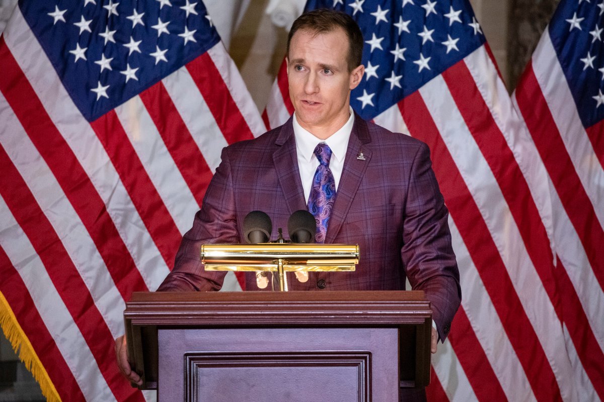 New Orleans Saints quarterback Drew Brees speaks during the ceremony where his friend and former teammate, Stephen Gleason, who has amyotrophic lateral sclerosis (ALS) or Lou Gehrig's disease, is awarded the Congressional Gold Medal on Capitol Hill in Washington, DC, Jan. 15, 2020.