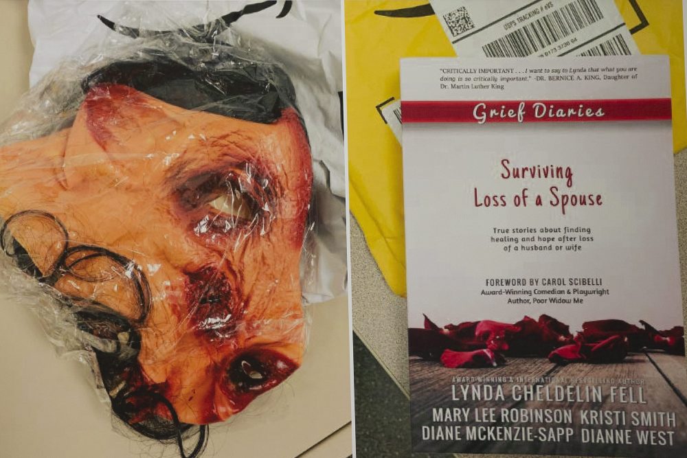 Placard displays photographs of evidence, a bloody pig mask (L) and a book titled 'Surviving the Loss of a Spouse,' (R) as United States District Attorney for Massachusetts Andrew E. Lelling announces charges of conspiracy to commit cyberstalking and witness tampering against six former eBay Inc., executives, at the John J. Moakley Federal Courthouse in Boston, June 15, 2020.
