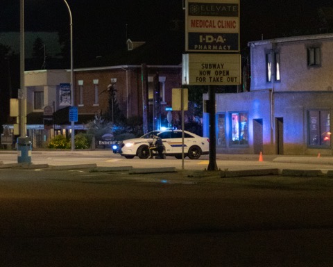 A police cruiser at the scene of a standoff in Enderby, B.C., on Saturday night.