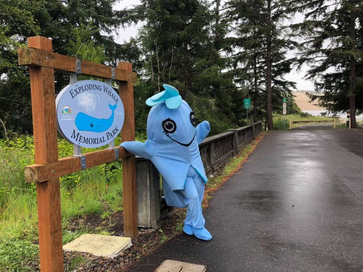 The mascot for Exploding Whale Memorial Park is shown in Florence, Ore., in June 2020.