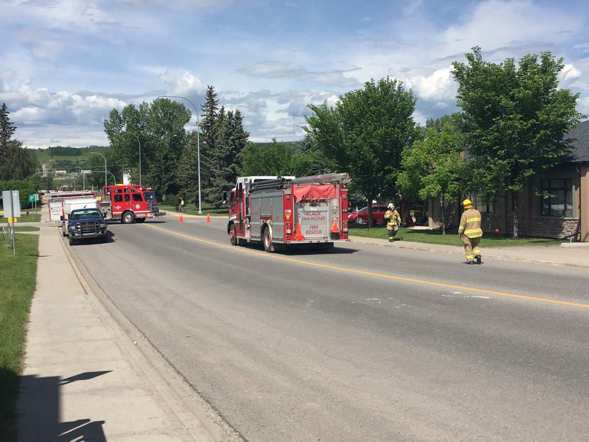 Fire officials in Black Diamond, Alta., respond to a gas leak on Saturday, June 20, 2020. 