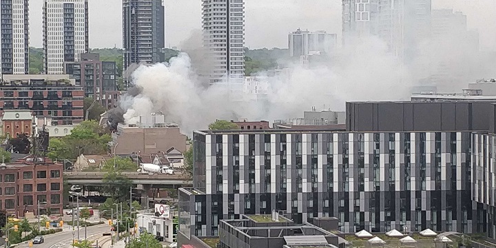 A photo of the fire at Queen and Sumach streets in Toronto on June 2, 2020.