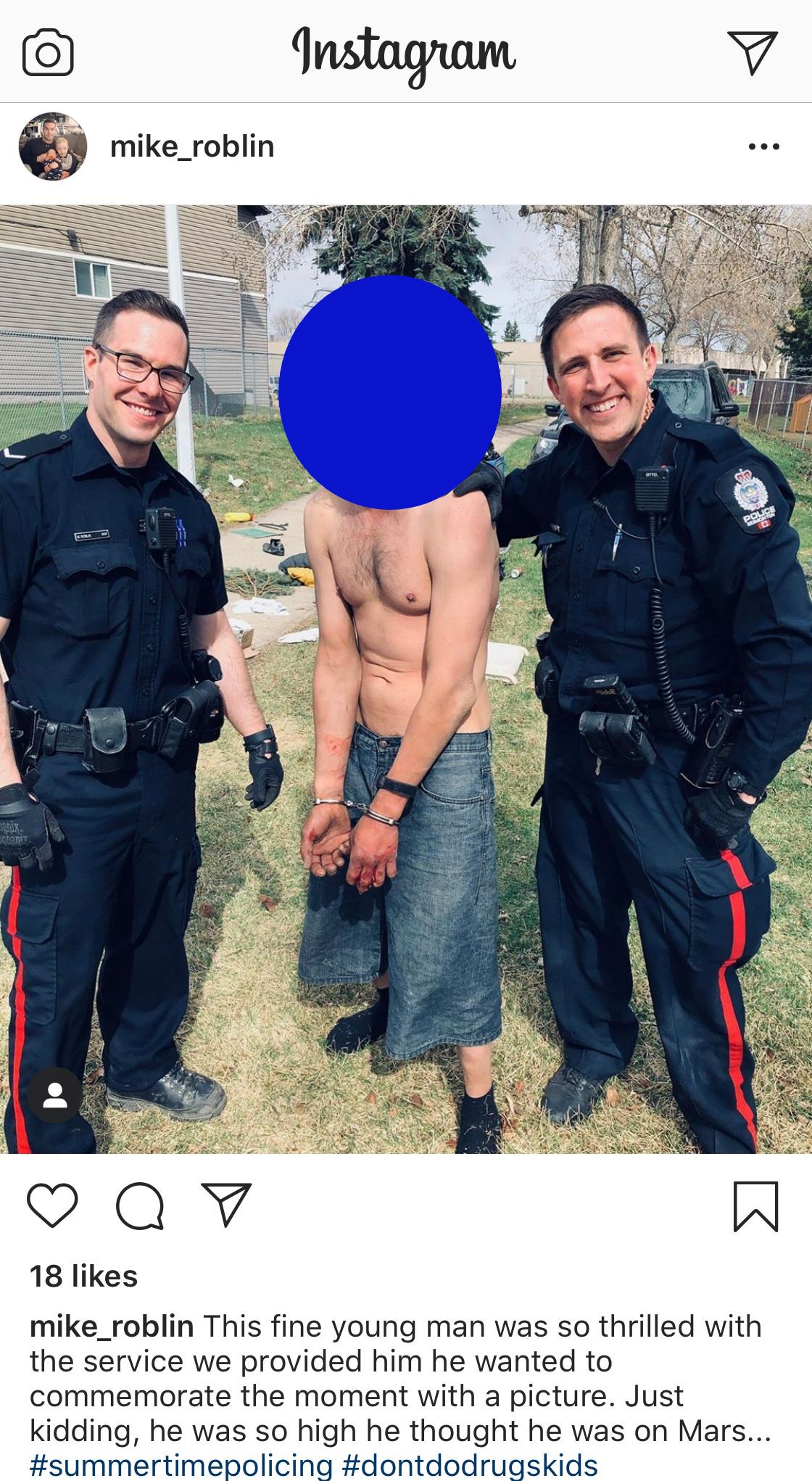 A photo posted to Instagram that shows two smiling police officers holding a man being detained will now be investigated, the Edmonton Police Service told Global News on Wednesday. Global News has slightly altered the Instagram post in an attempt to better conceal the man’s identity.
