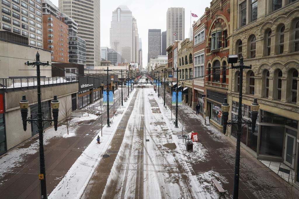 Empty downtown streets in Calgary, Alta., Wednesday, March 18, 2020, amid the COVID-19 pandemic.