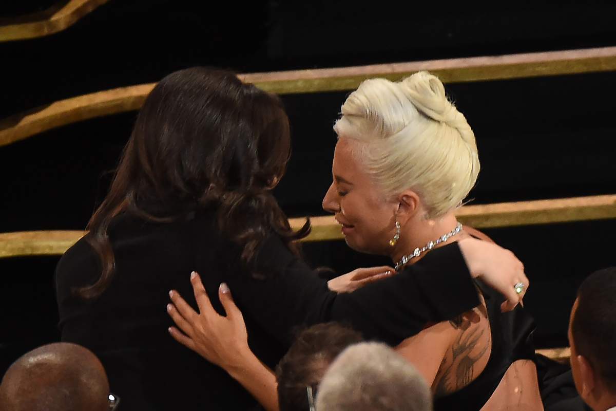 Lady Gaga (R) cries as she wins the award for ‘Best Original Song’ during the 91st Annual Academy Awards at the Dolby Theatre in Hollywood, Calif. on Feb. 24, 2019.