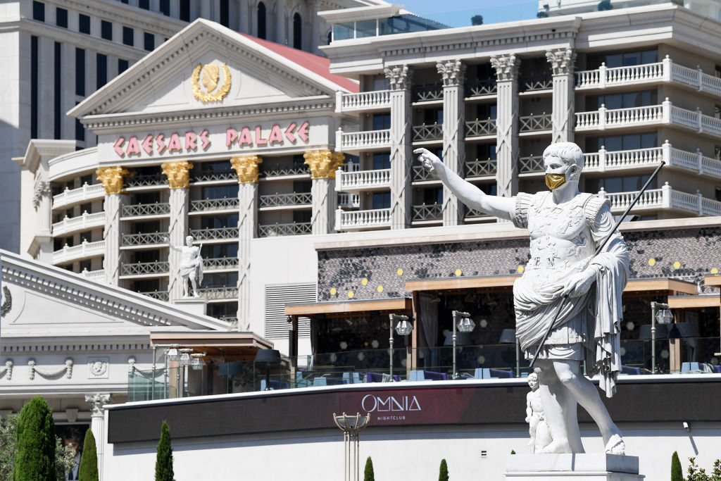 A statue of Julius Caesar wearing a mask at Caesars Palace on June 4, 2020 in Las Vegas, Nevada. Hotel-casinos throughout the state are opening today as part of a phased reopening of the economy with social distancing guidelines and other restrictions in place due to the coronavirus (COVID-19) pandemic.