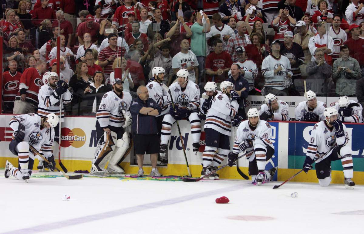The Edmonton Oilers look on after being defeated by the Carolina Hurricane in game seven of the 2006 NHL Stanley Cup Finals on June 19, 2006 at the RBC Center in Raleigh, North Carolina.
