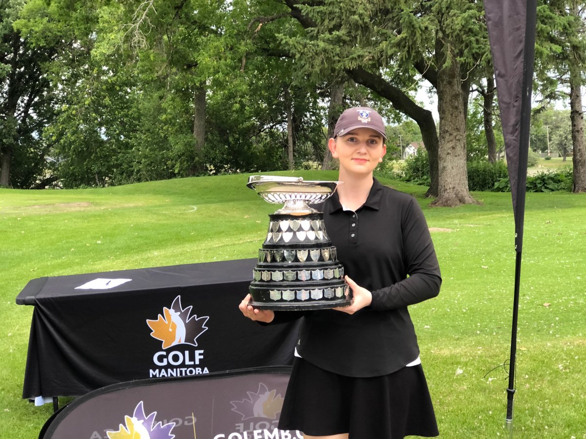 Southwood's Greer Valquenta displays the trophy she won after the final round of the 2020 Golf Manitoba City and District Women's Championship at Portage Golf Club on June 28.