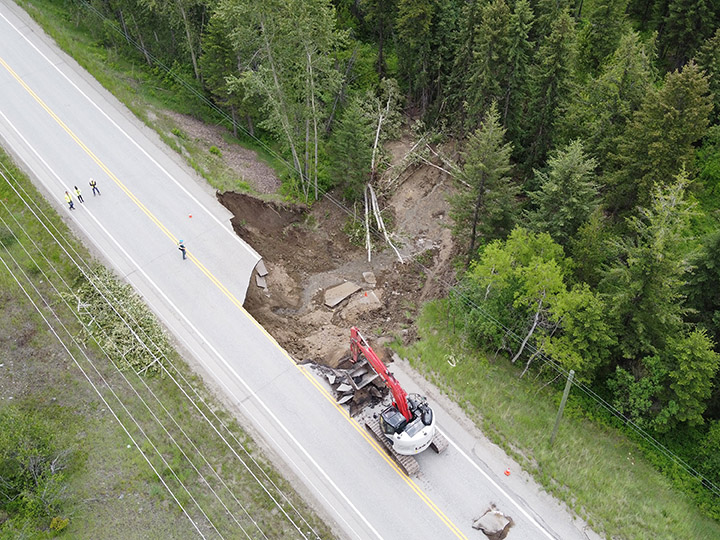 An aerial view of the washout along Highway 33 east of Kelowna.