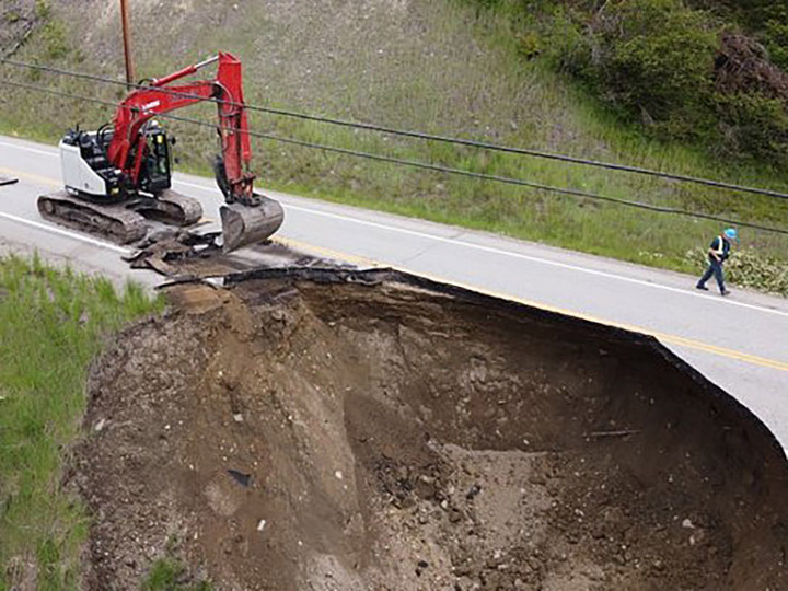 An overhead view of why  a section of Highway 33 east of Kelowna is closed.