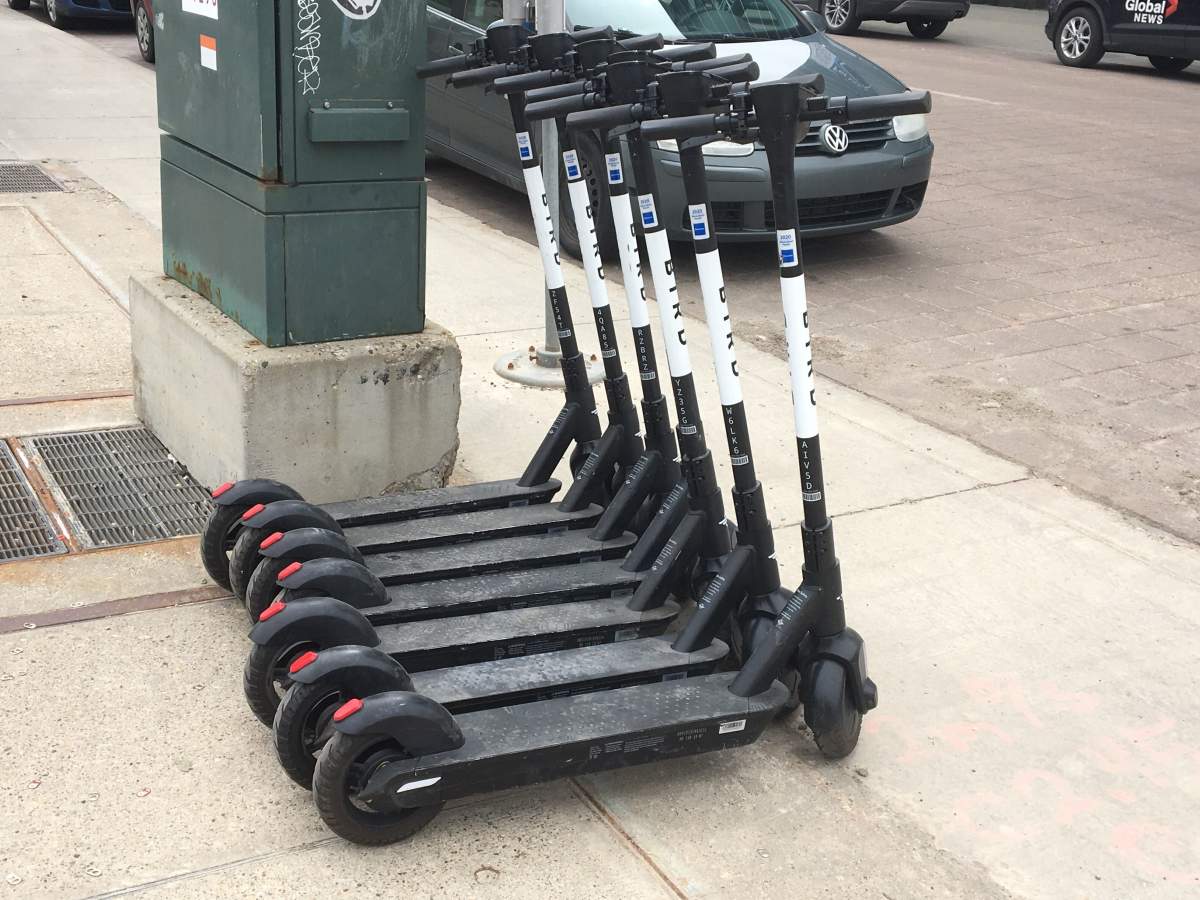 Bird Canada electric scooters on 108 Street and Jasper Avenue in Edmonton, Alta., on June 1, 2020.