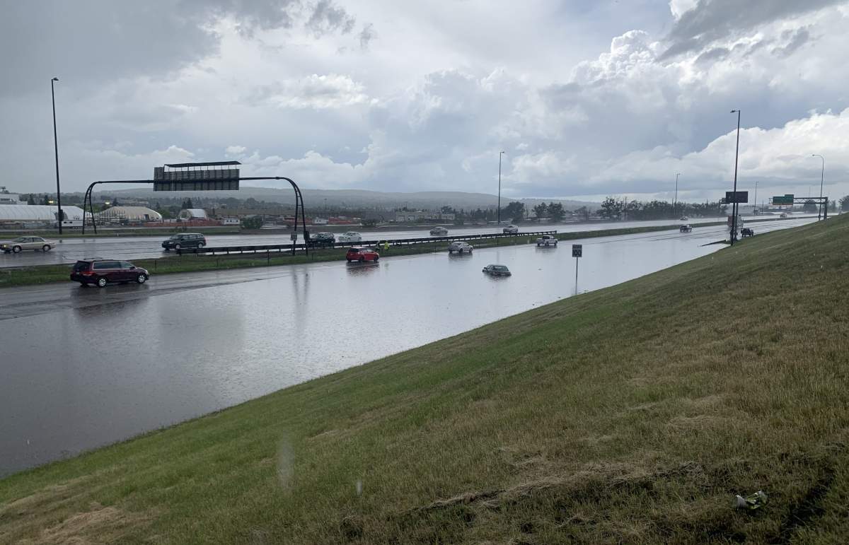 Calgary’s Deerfoot Trail flooded after a storm on Sunday, June 21, 2020.