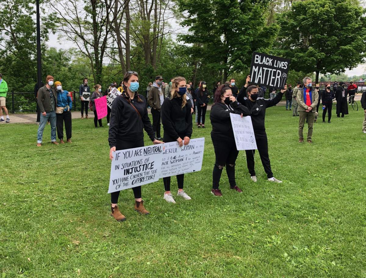 Hundreds rallied at Confederation Square in Peterborough.