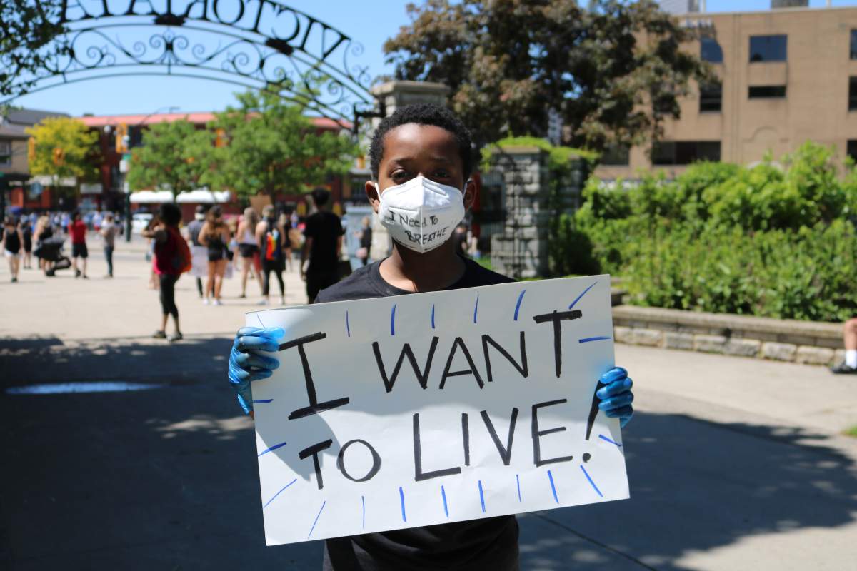 Noah a 10-year-old Londoner at the Black Lives Matter rally in Victoria Park in London Ontario June 6, 2020