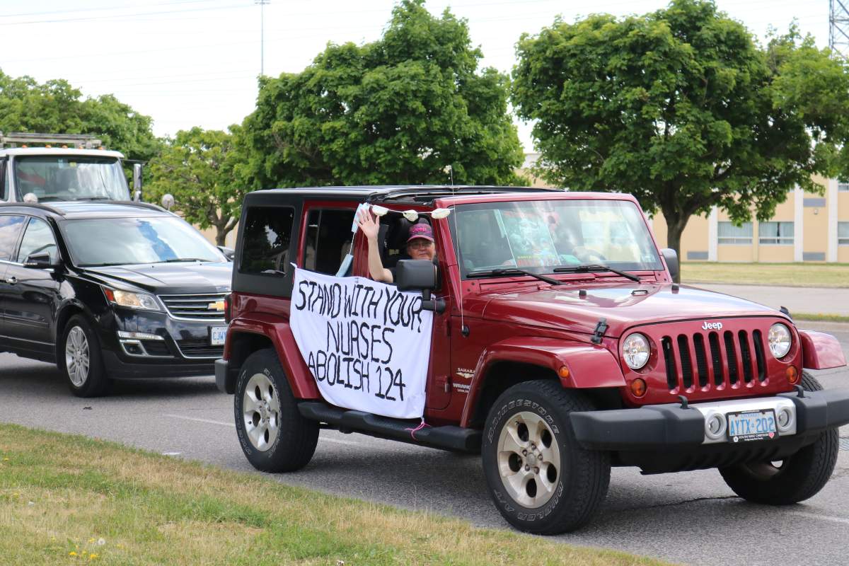 Around 100 nurses participated in a convoy across London to protest of Bill 124, demanding pay equity. June 25, 2020.