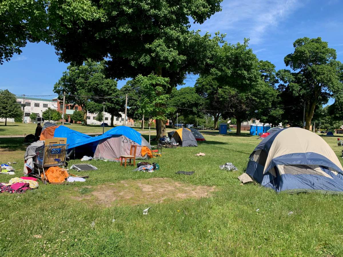FILE-An encampment area at Queens Park in London, Ont., 2020.