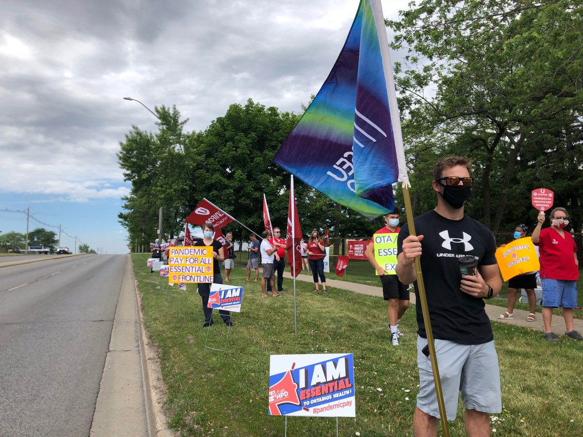 London Health Sciences Centre workers who have been excluded from Ontario's pandemic pay increase protested the decision outside of Victoria Hospital. June 19, 2020. 