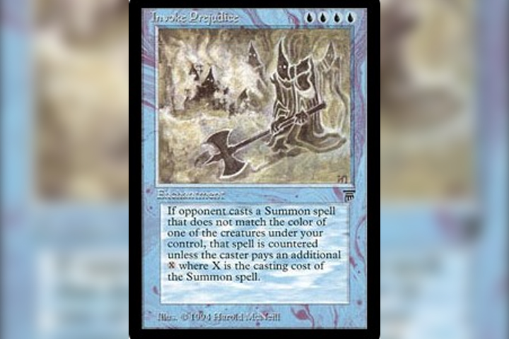 The original artwork for ‘Invoke Prejudice,’ a card in the game ‘Magic: The Gathering,’ is shown.