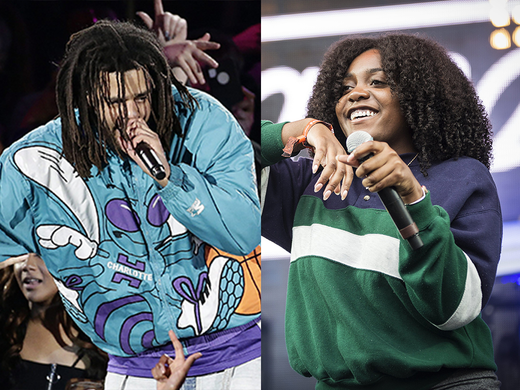 (L-R) J. Cole at halftime during an NBA All-Star basketball game on Feb. 17, 2019, in Charlotte, N.C., and Fatimah Warner, or Noname, the rapper, performing live at Roskilde Festival 2017 in Denmark on June 30, 2017. 