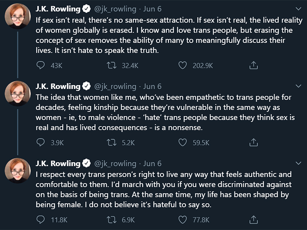 British author J.K. Rowling attempting to defend herself from the trans community on Twitter after facing major backlash by making “transphobic” comments. June 6, 2020.