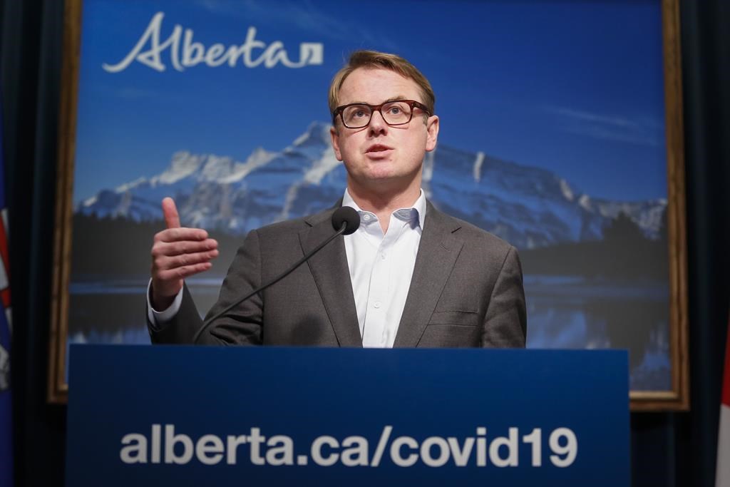Alberta Minister of Health Tyler Shandro provides details on a new initiative intended to distribute non-medical masks to Albertans to prevent the spread of COVID-19, in Calgary, Alta.