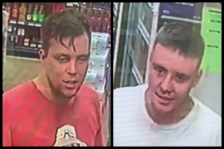 Police are looking for these two men in relation to a racist, threatening incident in a Cochrane liquor store at the end of May.