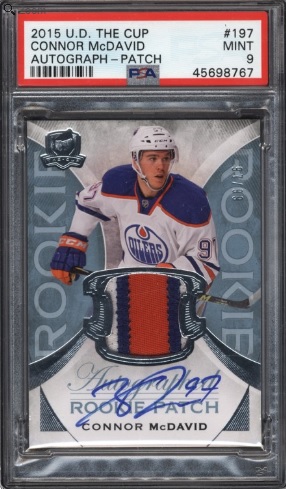 The 2015 UD The Cup Connor McDavid Rookie Auto Patch card that sold for over $135,000 USD in an auction this week.