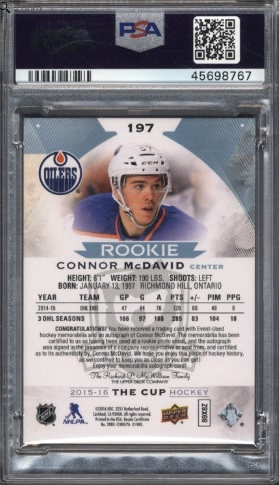 The back side of a 2015-16 Upper Deck The Cup Connor McDavid rookie patch hockey card that is set to sell for over $70,000 at auction.