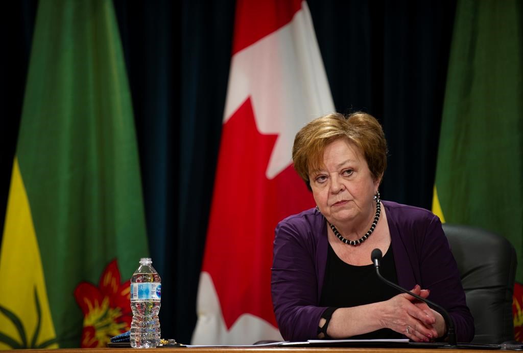 Saskatchewan Finance Minister Donna Harpauer takes questions from reporters before releasing the province's budget at Saskatchewan's Legislative Building in Regina on Monday, June 15, 2020. THE CANADIAN PRESS/Mark Taylor.