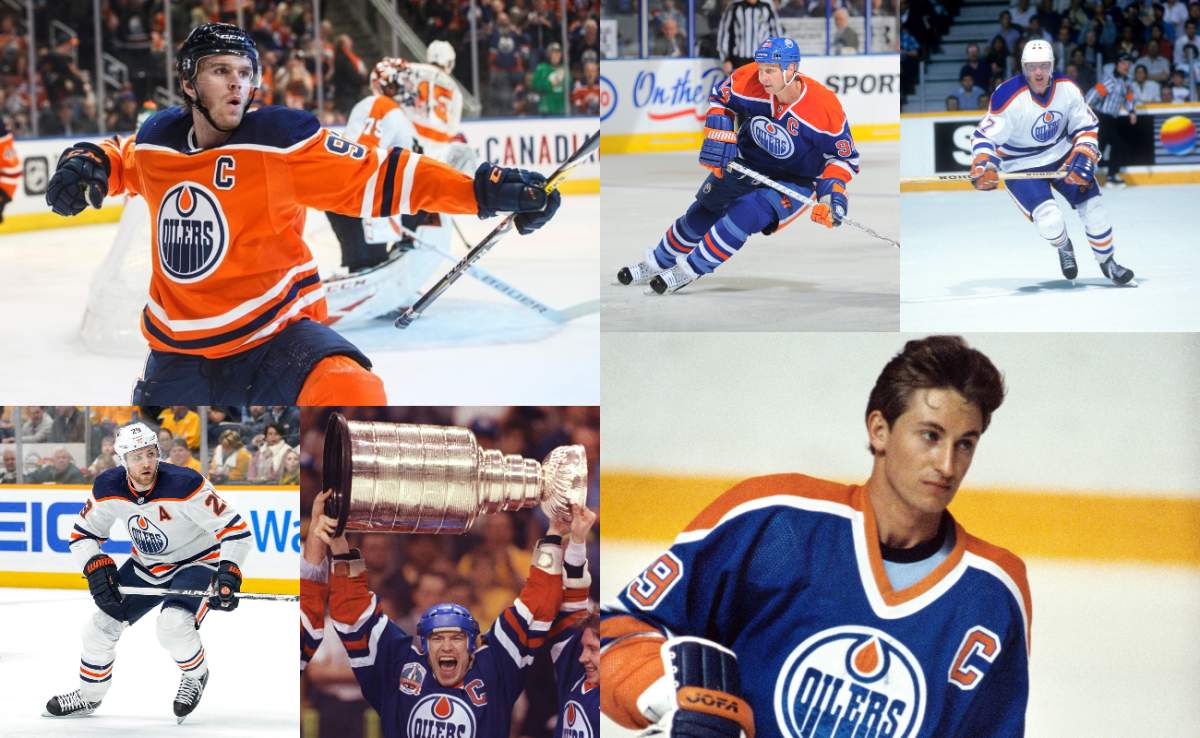 Top row: Connor McDavid, Ryan Smyth , Jari Kurry. Bottom row: Leon Draisaitl, Mark Messier, Wayne Gretzky.