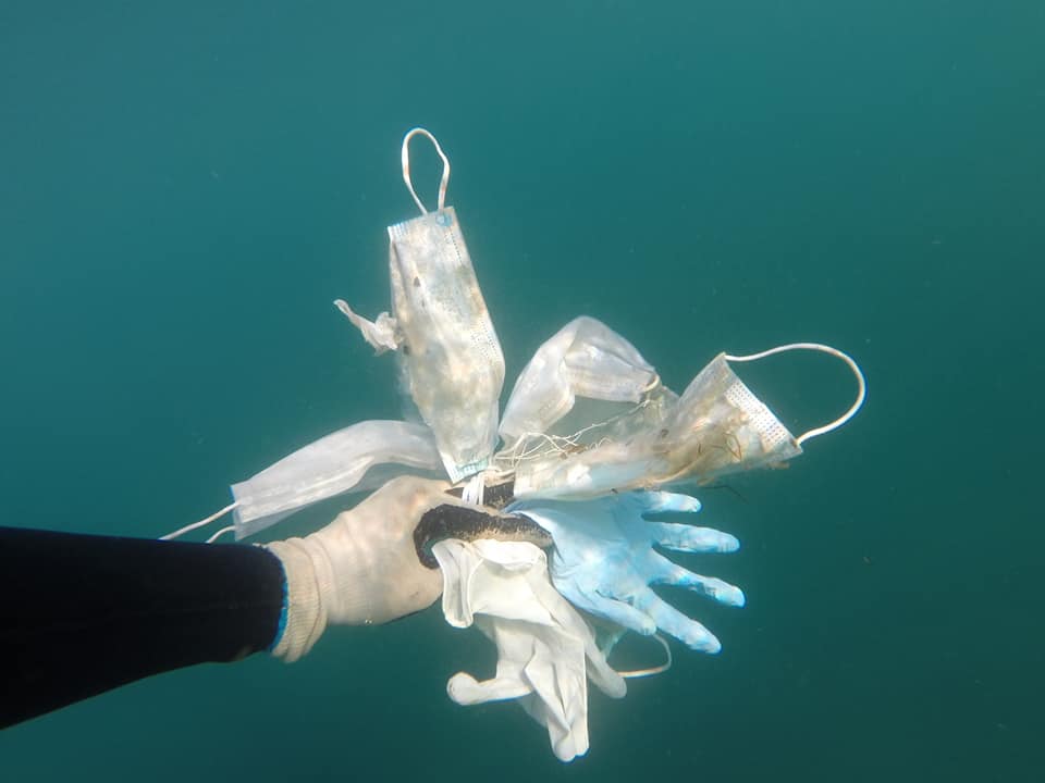 Face masks and rubber gloves found by divers in the Mediterranean Sea off the coast of France.