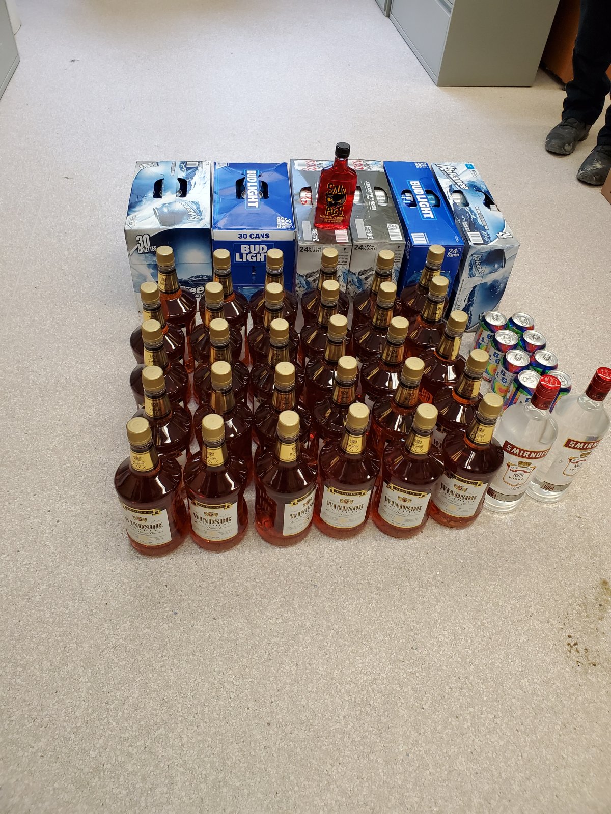 Pelican Narrows RCMP said 32 60-ounce bottles of hard liquor and 164 cans of beer were seized during a search of a vehicle.