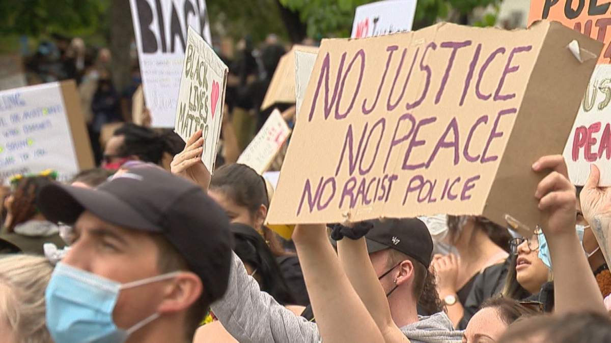 Calgarians turned out to stand in solidarity with Black Lives Matter at a rally in Olympic Plaza on Saturday, June 6, 2020.