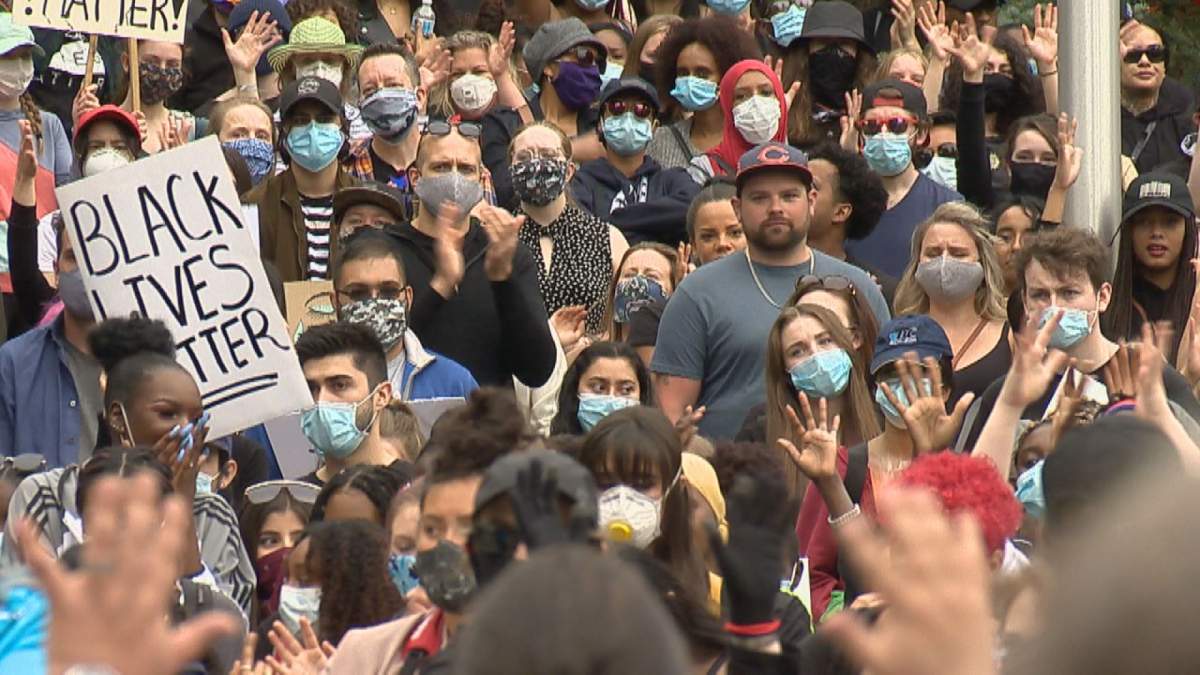 Calgarians turned out to a Black Lives Matter rally in Olympic Plaza on Saturday, June 6, 2020.