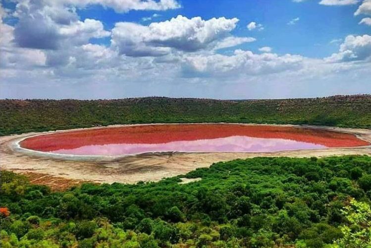 Lonar Lake is shown in Buldhana, Maharashtra, India in June 2020 after turning pink.