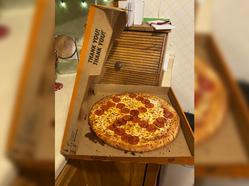 A pizza with pepperonis arranged in the shape of the swastika is seen, in Middleburg Heights, Ohio, U.S., June 27, 2020.