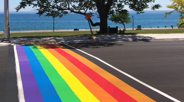 Burlington's first rainbow crosswalk is on Lakeshore Rd., alongside Spencer Smith Park.