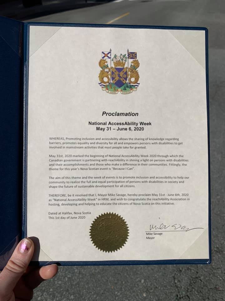 Proclamation for National AccessAbility Week, issued by Halifax Mayor Mike Savage to reachAbility.