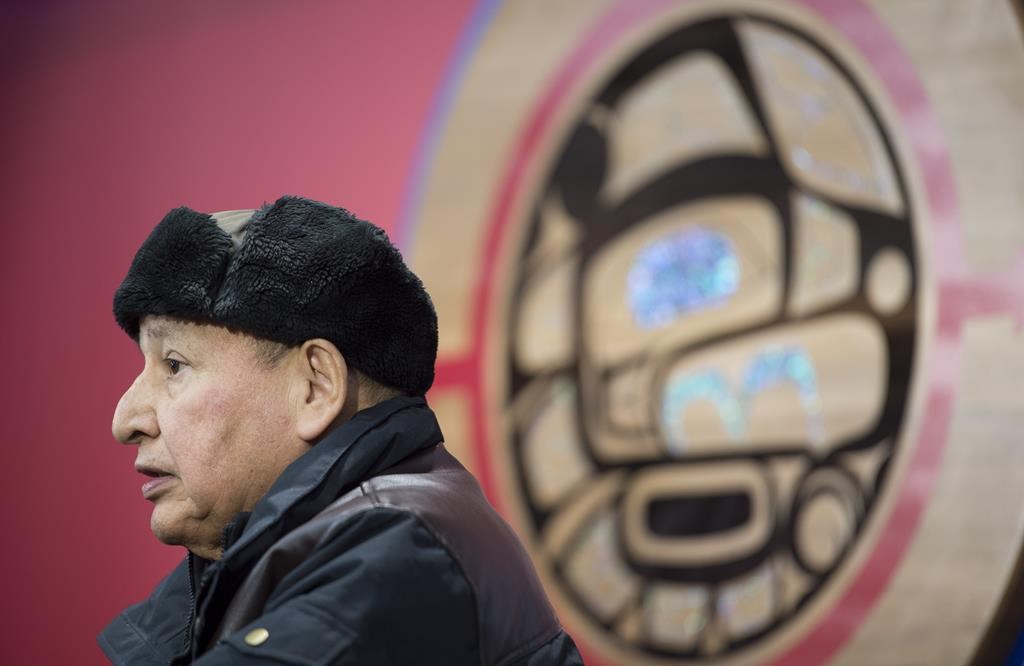 Grand Chief Stewart Phillip, President, Union of the B.C. Indian Chiefs addresses a news conference in Vancouver, B.C., Jan. 15, 2020.