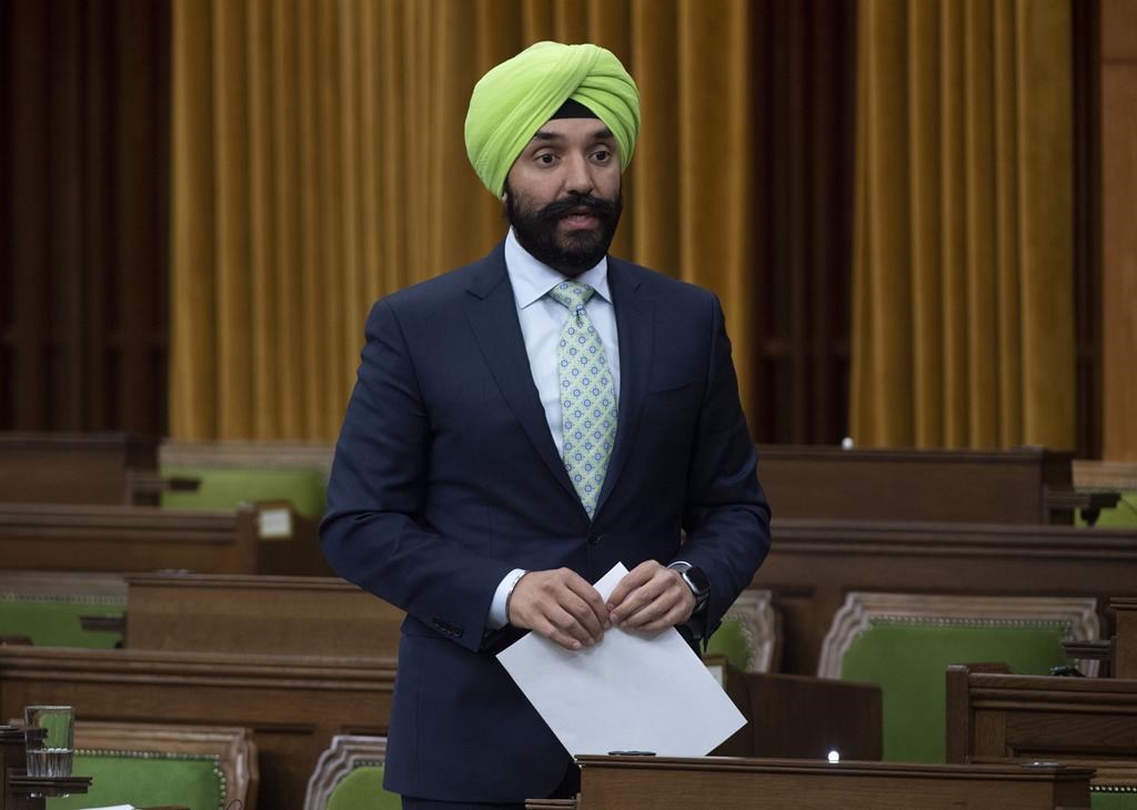Innovation, Science and Industry Minister Navdeep Bains rises during a special committee on the COVID-19 pandemic in Ottawa, Wednesday May 20, 2020. The federal government is delaying its auction of a mid-range band of wireless spectrum that will be critical to the future of fifth-generation network services.THE CANADIAN PRESS/Adrian Wyld.