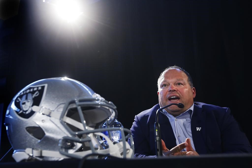 Wade Miller, President and CEO of the Winnipeg Blue Bombers, speaks to the media in Winnipeg on Wednesday, June 5, 2019. Miller came to defence of embattled CFL commissioner Randy Ambrosie on Thursday. Ambrosie has come under heavy criticism recently from CFL players, the CFL Players' Association and league football operations personnel. Last week, the union and a host of players took to social media to voice their displeasure with Ambrosie regarding the state of talks between the two sides on an abbreviated '20 season.