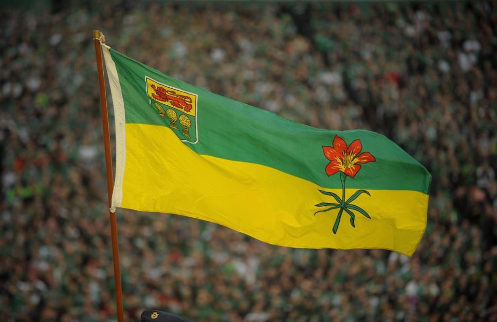 The Saskatchewan flag blows in the wind before the final Saskatchewan Roughriders game at Mosaic Stadium in Regina on Saturday, Oct. 29, 2016.