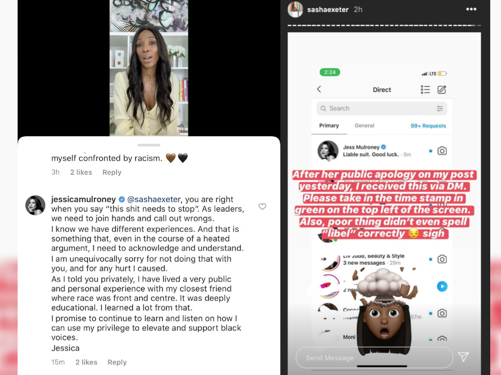 Sasha Exeter shared screengrabs of her interactions with Jessica Mulroney to her Instagram story on Thursday.