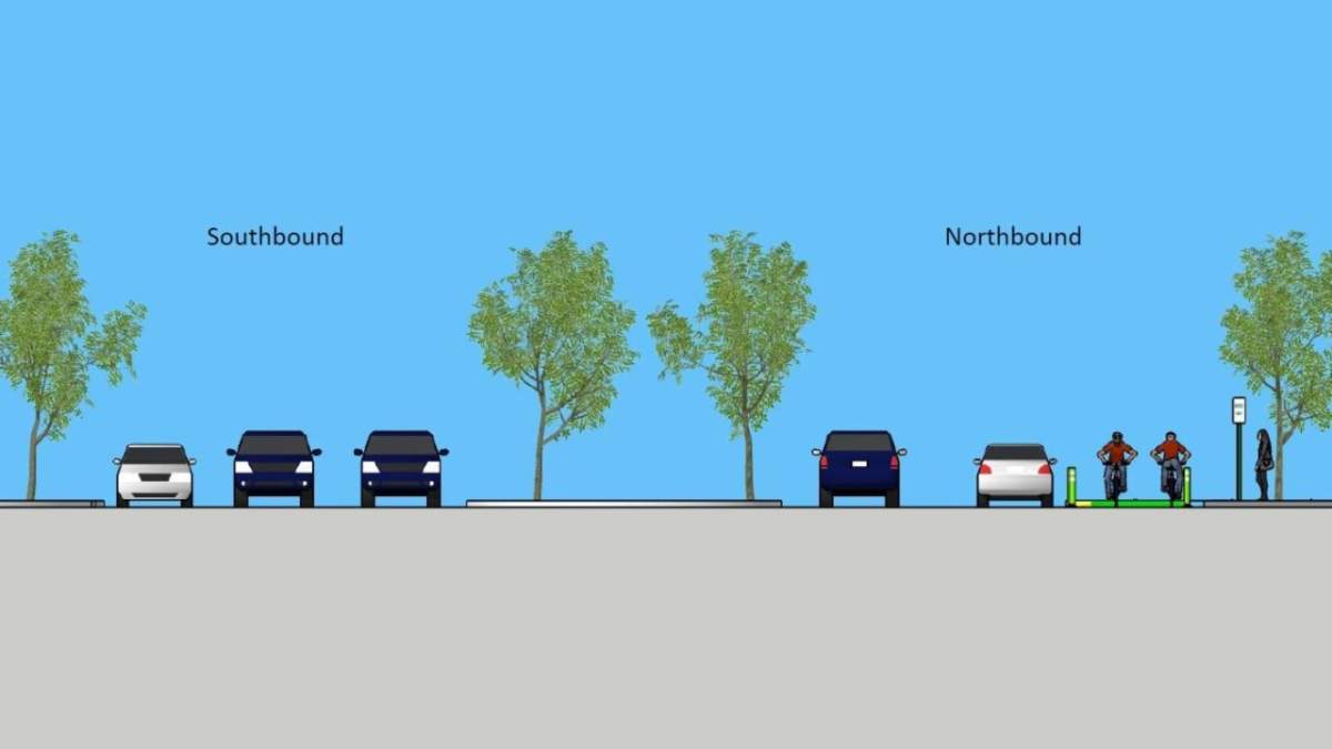 Once complete, there will be one driving lane, one parking lane, and one bi-directional bike lane going northbound.