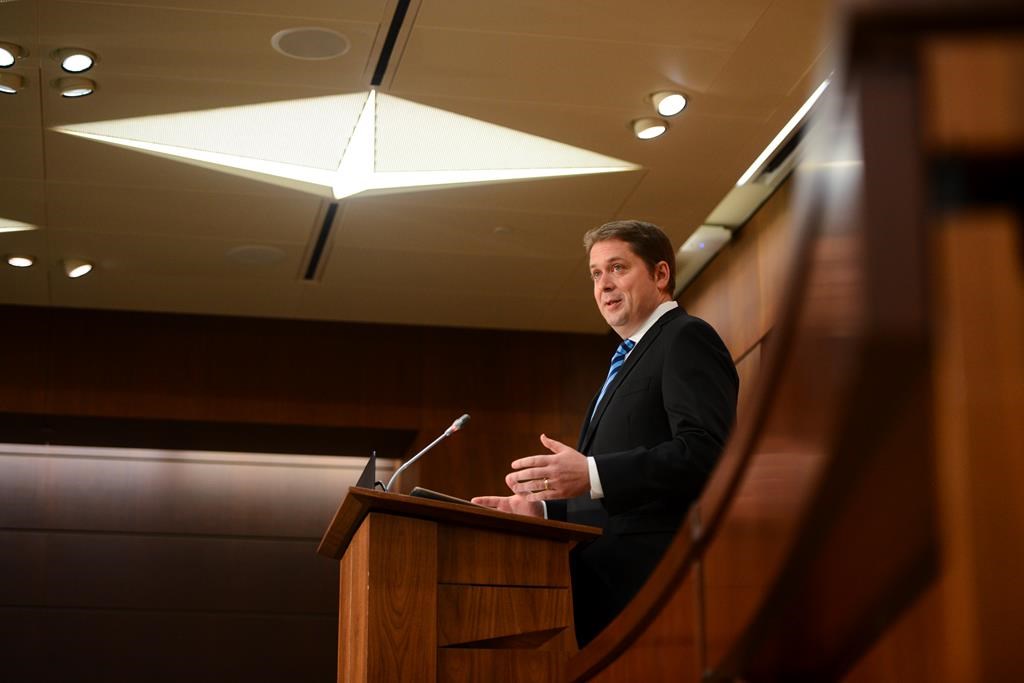 Conservative leader Andrew Scheer holds a press conference on Parliament Hill during the COVID-19 pandemic in Ottawa on Monday, June 8, 2020.