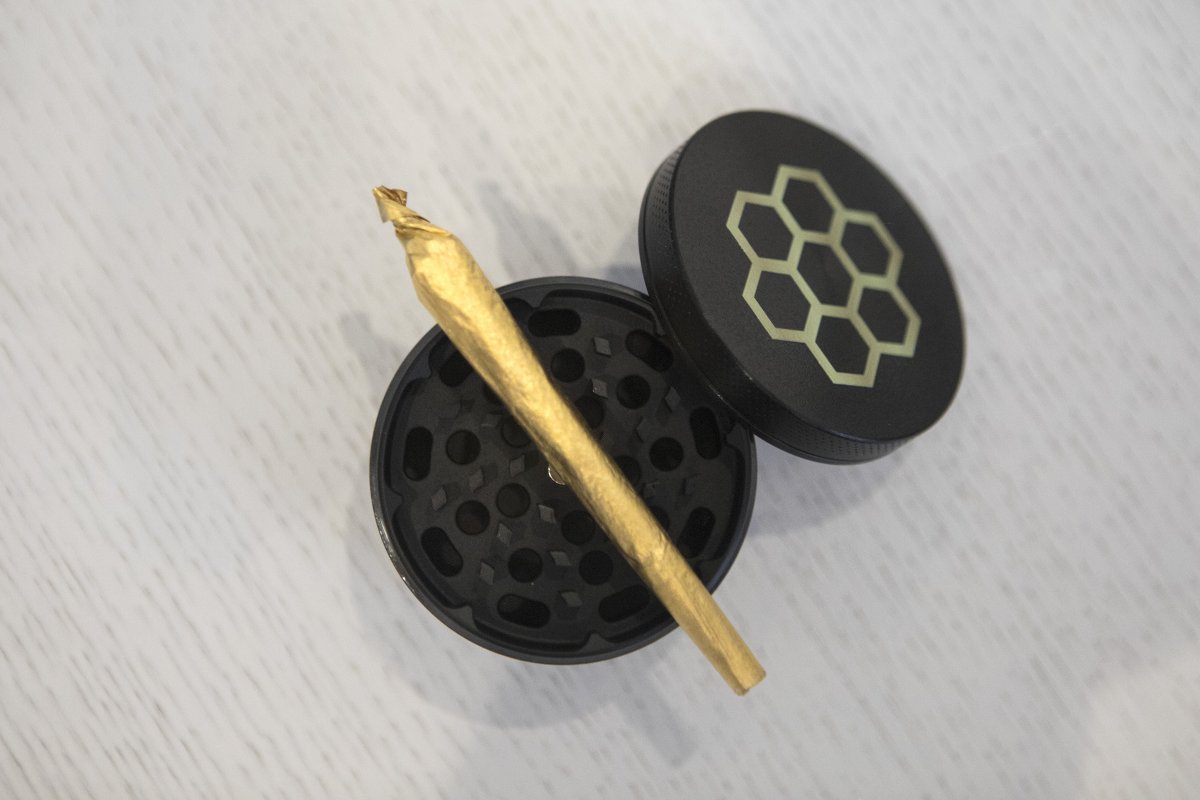 A pre-rolled cannabis product sits on display at The Hunny Pot store in Toronto.