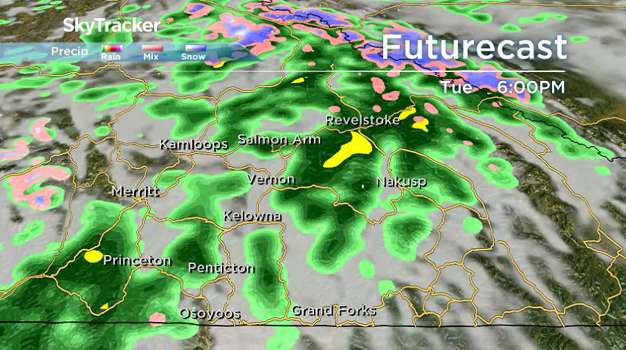 There is a chance of showers Tuesday afternoon and evening throughout the Okanagan.