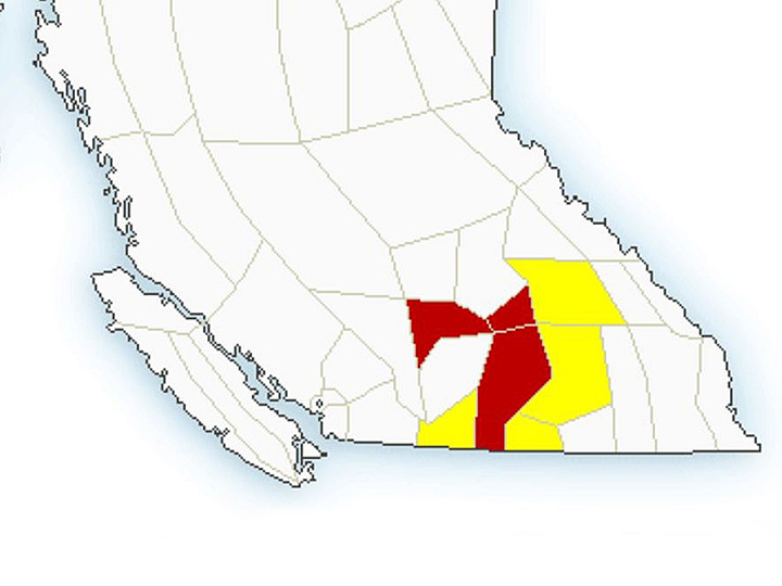 A map showing that a severe thunderstorm warning has been upgraded to a severe thunderstorm watch for the Okanagan, Shuswap and South Thompson.